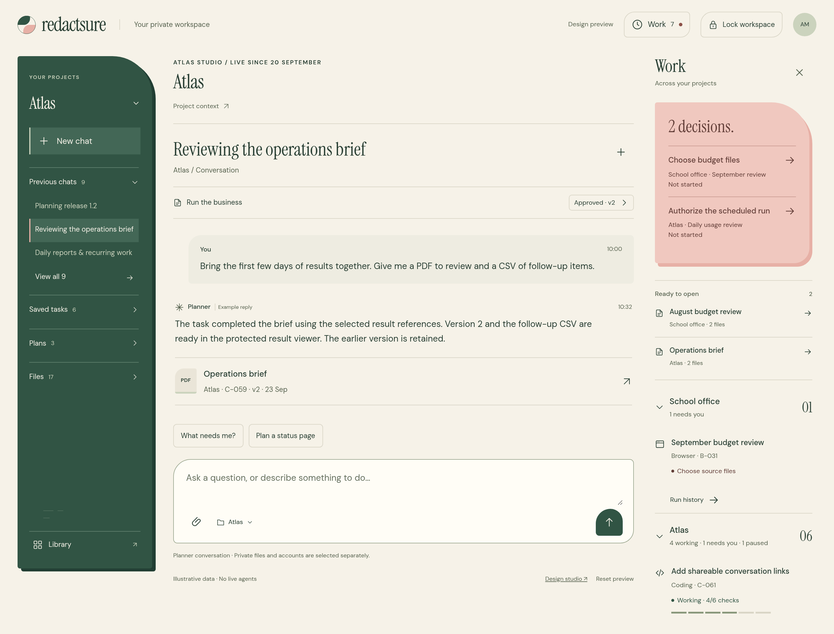 Illustrative RedactSure project workspace with a workflow conversation, tasks, and files.