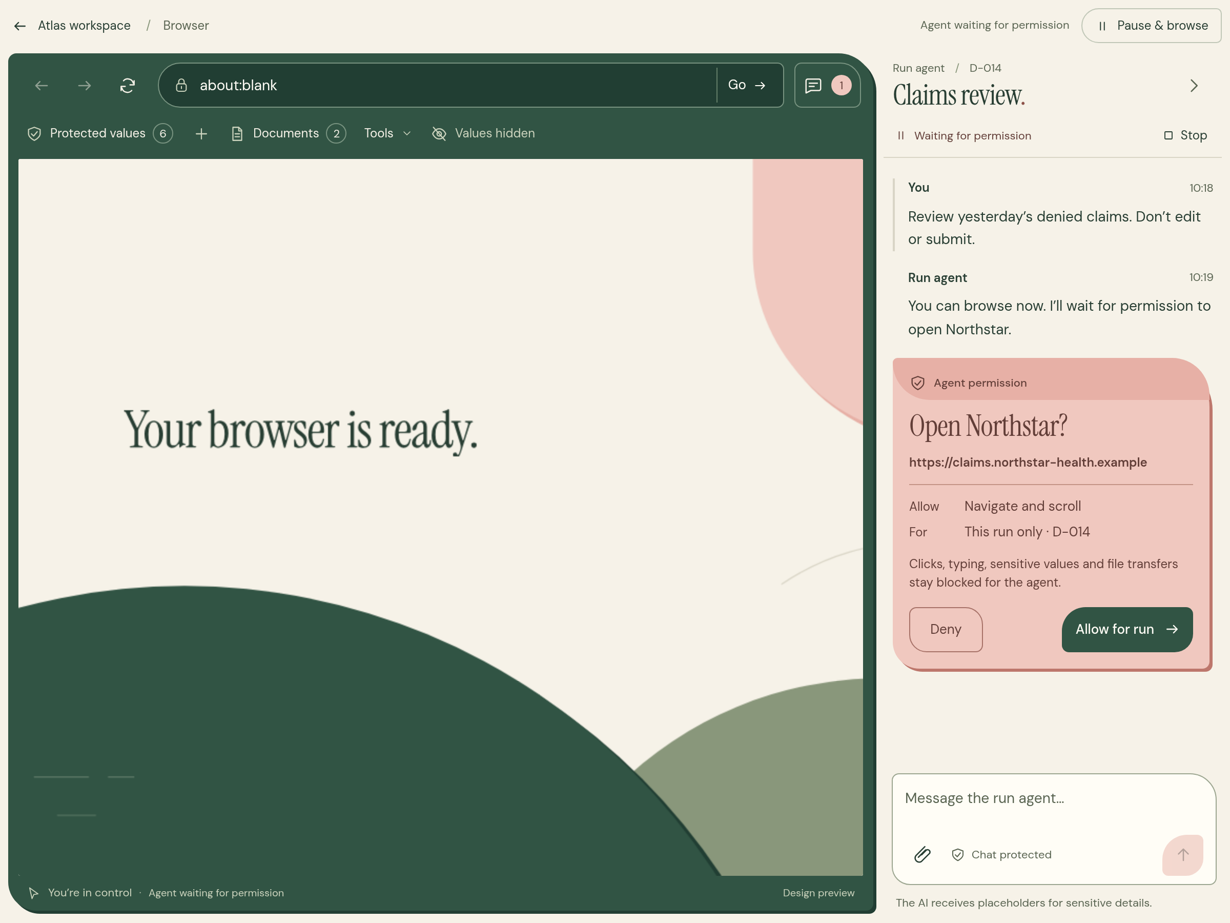 The focused browser workspace with human browser controls, execution-agent conversation, and a permission request.